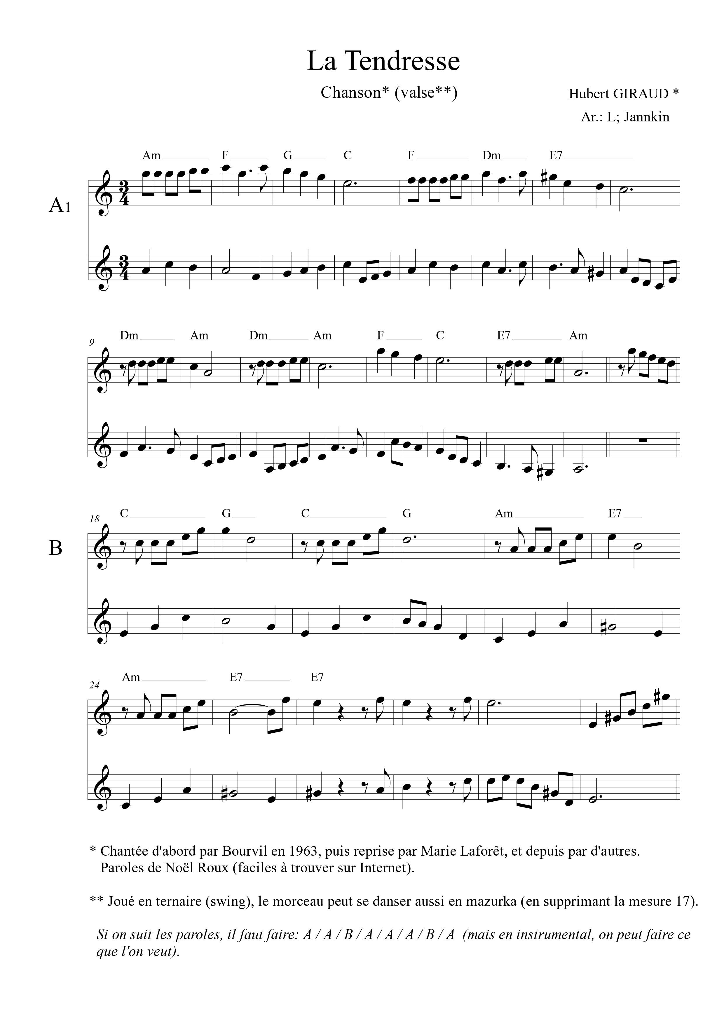 Tendresse (La) (Chanson) Autres musiques